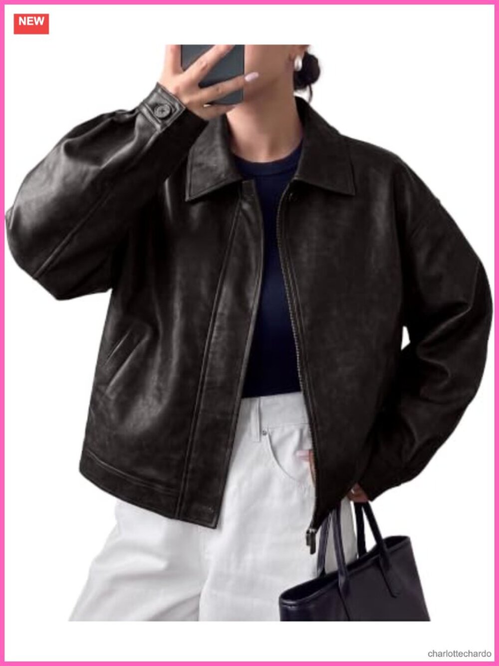 Faux Leather Oversized Moto Jacket Zip Up Collared